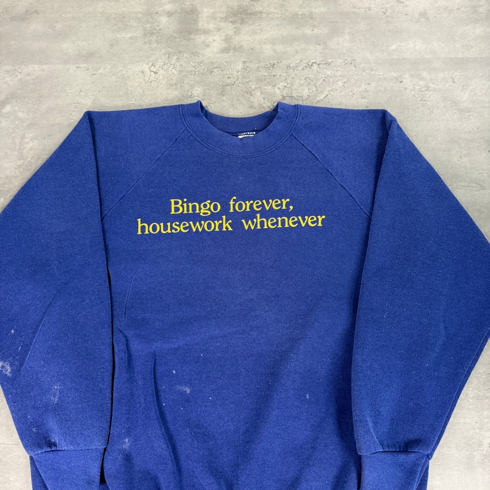 Vintage 80s Bingo Forever Housework Whenever Sweatshirt XL‎ Blue Funny Trad Wife - Picture 2 of 7
